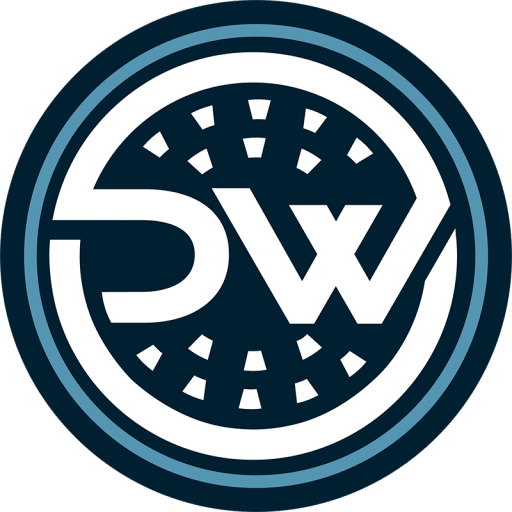A circular logo featuring the letters DW with a modern, geometric design in dark blue and white.
