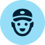 Smiling face icon with cap, blue circle background, simple graphic design.
