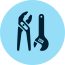 Icon of pliers and wrench on blue background, representing tools or maintenance.