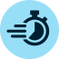 Icon of a stopwatch with motion lines, symbolizing speed and efficiency, on a blue circular background.