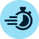 Icon of a stopwatch with motion lines, symbolizing speed and efficiency, on a blue circular background.