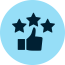 Thumbs up with three stars icon on blue background, symbolizing positive rating or review.